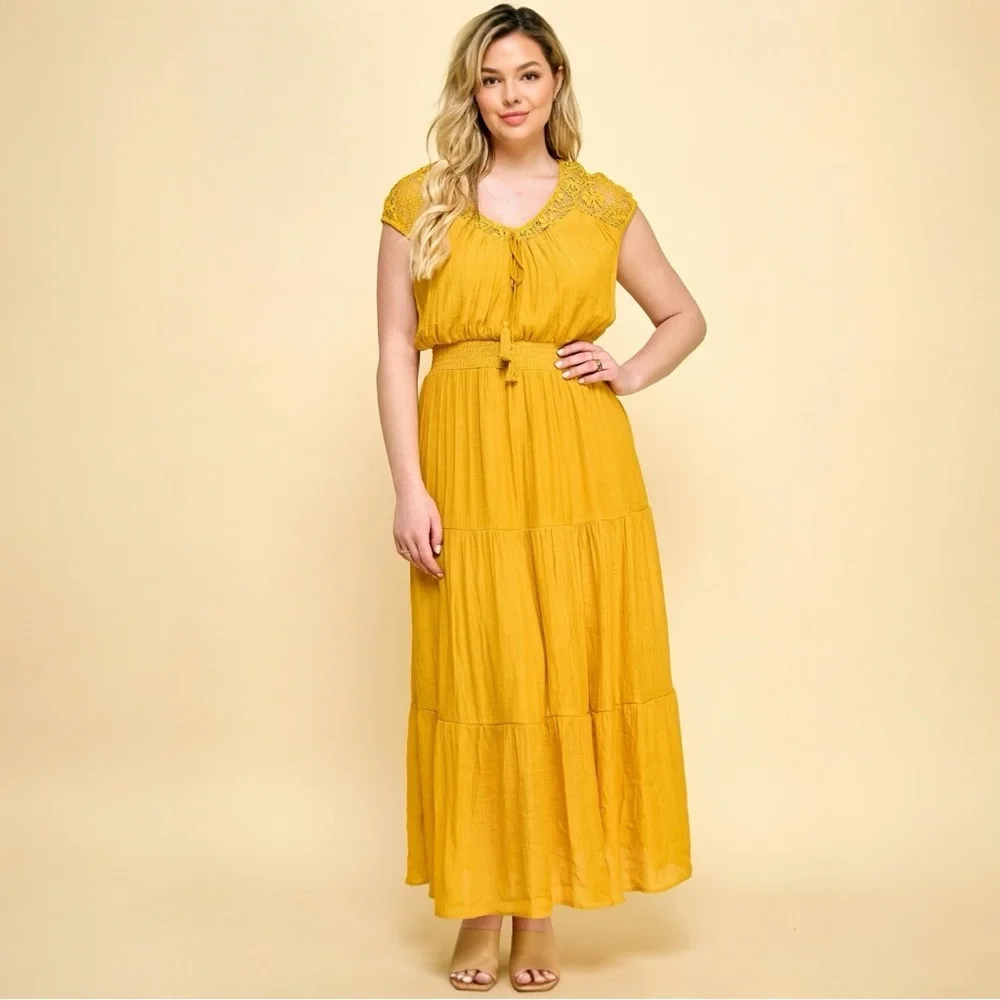 NEW Plus Size Lace Smocked Waist Tier Maxi in Yellow 1X - Picture 1 of 5
